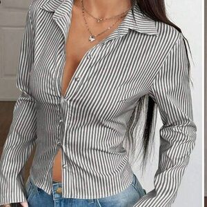 Button-Up Striped Long Sleeve Shirt Women Size XL